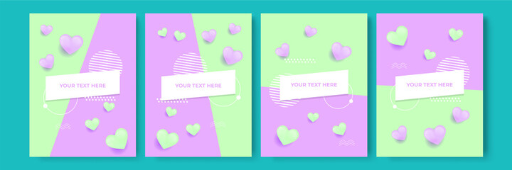 Valentine's day concept posters set with purple and green color. Vector illustration. 3d red and pink paper hearts with frame on geometric background. Cute love sale banners or greeting cards