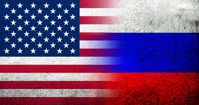 United States of America (USA) national flag with flag of the Russian Federation, Russia. Grunge background