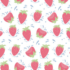 Seamless pattern of fresh strawberries. Strawberries with water drops. Vector cartoon background.