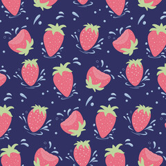 Seamless pattern of fresh strawberries. Strawberries with water drops. Vector cartoon background.