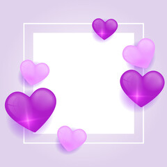 Love heart square background with white space for text. Heart shape vector pink confetti splash with white heart frame inside. Valentine  pink purple background