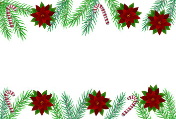 Christmas greeting card with fir twigs. Christmas border with fir branches with flowers, sweet candies. Vector background. Sweet Christmas greeting card with fir twigs. Vector background