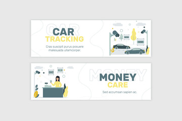 Fototapeta na wymiar Banner. CCTV. Video surveillance. Remote access. Street cameras record license plates of cars. The camcorder captures the bills in the hands of the cashier. Vector illustration.