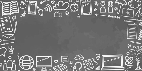 Back to school. Background with hand drawn school elements. Illustration for banners, flyers or posters. Distance home educate