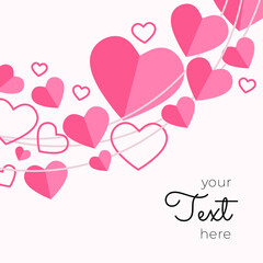 Paper elements in shape of heart flying on pink background. Vector symbols of love for Happy Women's, Mother's, Valentine's Day, birthday greeting card design