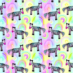 Zebras, hand drawn colored backdrop. Colorful seamless pattern with animals. Decorative cute wallpaper, good for printing. Happy horses. Rainbows in the background.