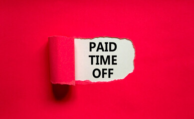 Paid time off symbol. Words 'Paid time off' appearing behind torn purple paper. Beautiful purple background. Business, paid time off concept, copy space.