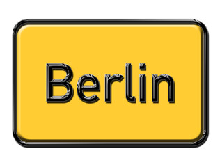 Berlin city sign on yellow background. Berlin city plate metallic shiny look. German city names. town sign and text . 3d illustration