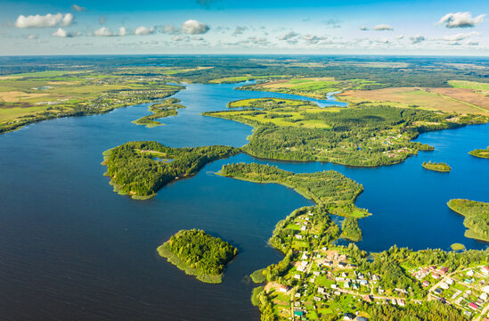 Lyepyel District, Vitebsk Region, Belarus. Aerial View Of Lepel Lake With Natural Small Islands © Grigory Bruev