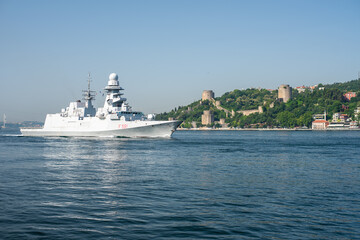 Fototapeta na wymiar Istanbul Turkey - 07.15.2021: Warship in the Bosphorus