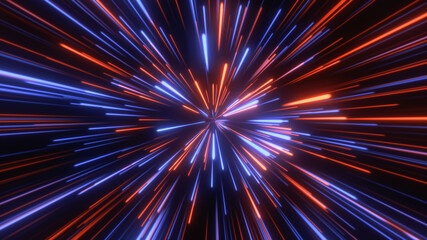 Through space, starfield. Abstract particles, neon rays background.