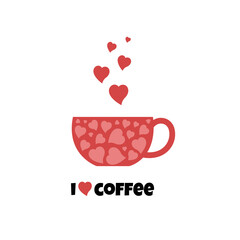 Coffee cup with hearts icon vector illustration isolated on white. Mug with hot beverage in flat style. I love coffee concept