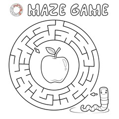 Maze puzzle game for children. Outline circle maze or labyrinth game with worm. Vector illustrations