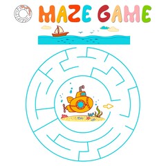 Maze puzzle game for children. Circle maze or labyrinth game with submarine. Vector illustrations