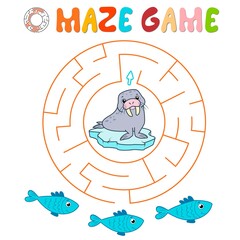 Maze puzzle game for children. Circle maze or labyrinth game with walrus. Vector illustrations
