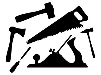 Stock vector illustration. A set of carpentry tools is drawn on a white background - two hammers, a planer, a saw, a chisel and an ax in black silhouette. - obrazy, fototapety, plakaty