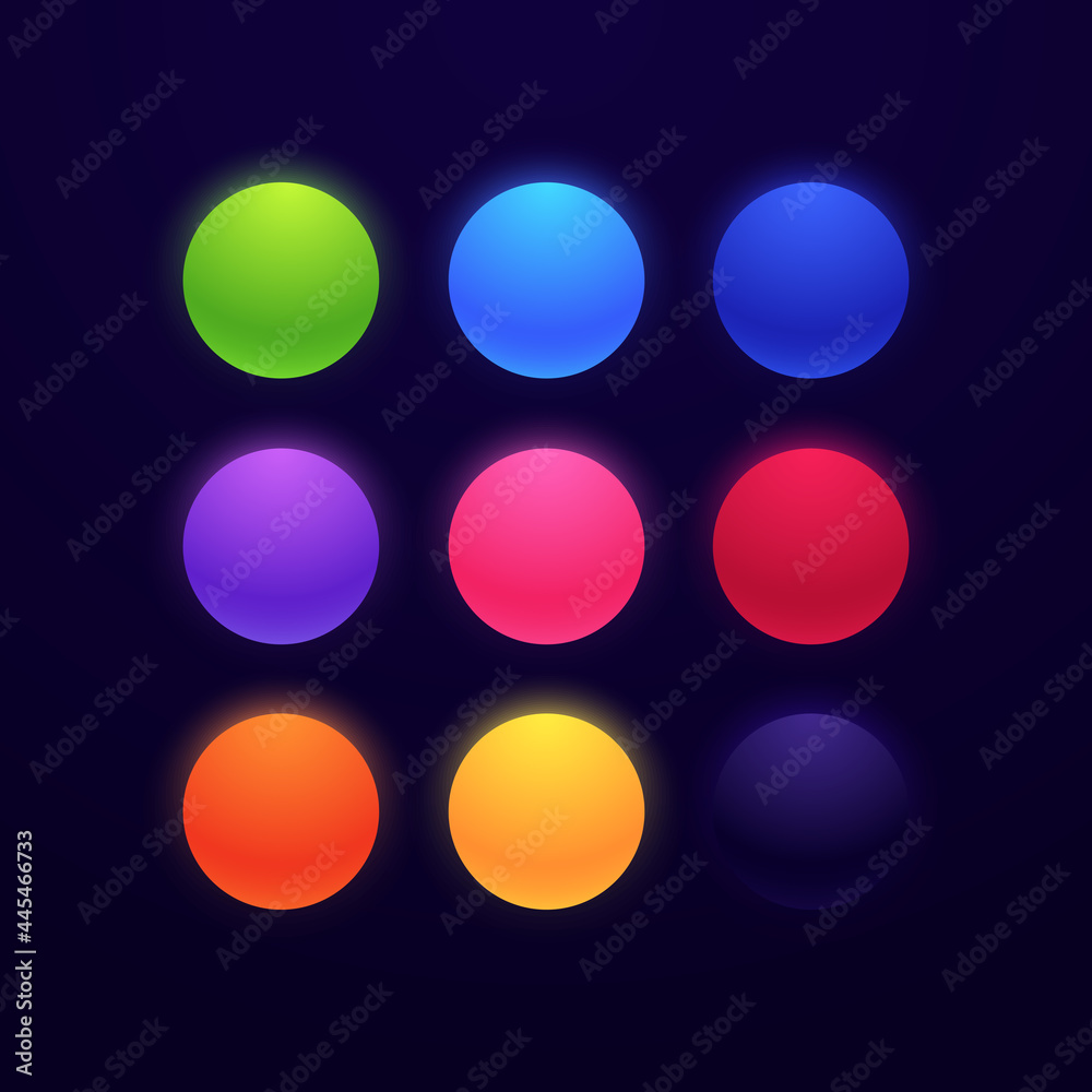 Poster set of glowing neon colored balls isolated on dark background. matte bright spheres in different col