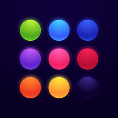 Set of glowing neon colored balls isolated on dark background. Matte bright spheres in different colors. Colorful bubbles. Decorative element for your design. Vector illustration.