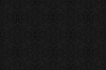 3D volumetric convex embossed black background. Ethnic oriental, asian, indian pattern with handmade elements. Geometric figured ornament for design and decoration.