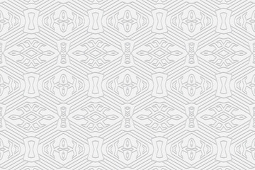 3D volumetric convex embossed white background. Ethnic oriental, asian, indian pattern with handmade elements. Geometric trendy creative ornament for design and decoration.