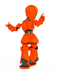 robot girl is dancing in white background rear view