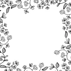 Simple vector frame or border with doodle twigs. Branches and stems of plants with flowers, leaves and buds with petals. Line art decor elements.