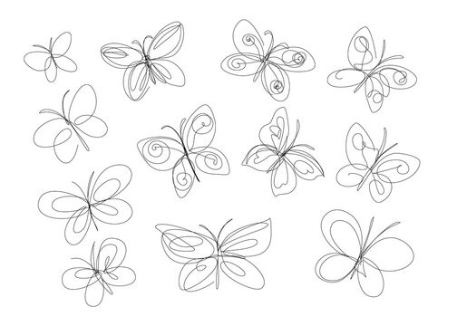 Butterfly set in continuous line art style. Trendy beautiful graphic for decoration or logo. Creative hand drawn sketch.