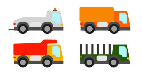 Truck icon set in flat cartoon style. Delivery symbol. Toy cars.