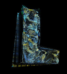 3d render of abstract art 3d fantasy font capital letter l in mix of broken damaged crystal mineral glass diamond and silver metal material in blue yellow blue color on isolated black background 