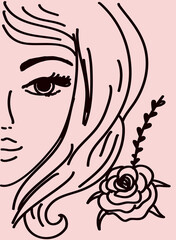 Woman face in line art style with editable stroke. Girl portrait. Modern female poster.