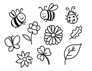 Doodle floral elements isolated on white background. Summer flower ornament. Simple design. Vector Illustration.