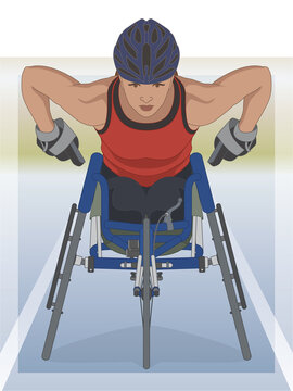 Para Sports Paralympic Racing, Physical Disabled Female Athlete Sitting In Specialized Wheelchair With Track And Stadium In Background, Portrait View