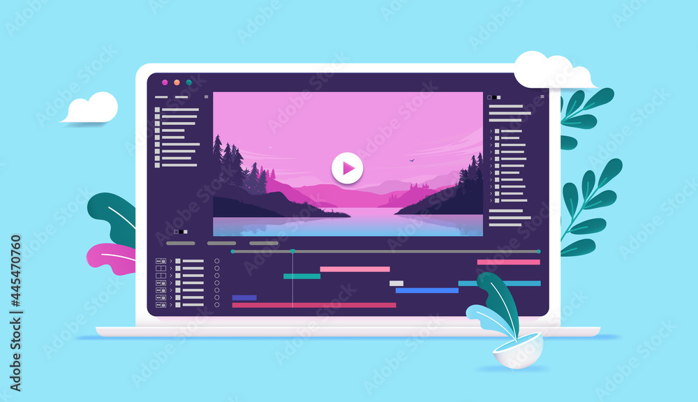 Leinwandbilder Video editing on computer - Laptop screen with movie editor software and user interface. Creative application for film maker concept. Vector illustration