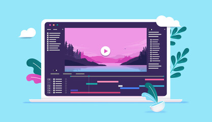 Video editing on computer - Laptop screen with movie editor software and user interface. Creative application for film maker concept. Vector illustration - obrazy, fototapety, plakaty