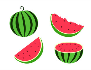 Cartoon watermelon isolated on white background. Juicy summer fruit set. Vitamin dessert. Vector Illustration.