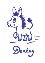 Doodle happy donkey. Hand drawn art. Funny design. Vector illustration.