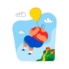 Vector illustration with the image of a boy who hovers on balloon above the earth, his home. Concept children s desires, fantasies, fairy tales, balloon flight. There is an empty space for text.