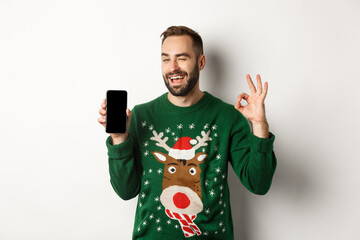 Christmas holidays and shopping concept. Confident guy winking and showing okay sign with mobile...
