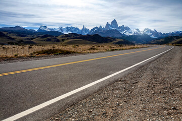 Scenic view of the road to El Chalten town. Fitz Roy Cerro Torre mountains range hiking climbing adventure paradise. Patagonia Argentina los glaciares national park