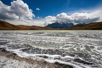 Scenic view of Torres del Paine cuernos mountains range. Torres del Paine national Park, Patagonia Chile