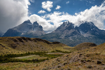 Scenic view of Torres del Paine cuernos mountains range. Torres del Paine national Park, Patagonia Chile