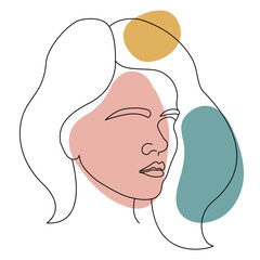 ПечатьLine art portrait of young woman with short haircut. Simple silhouette of a female head on a background of colored shapes