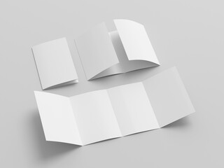Vertical double gate fold brochure. Four panels, eight pages blank leaflet. Mock up on white...