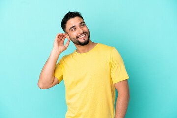 Young arab man isolated on blue background thinking an idea