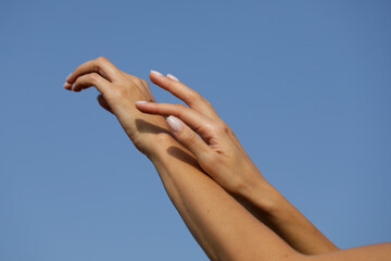 hands on sky. Sensual woman hand. Sky. Life. Finger