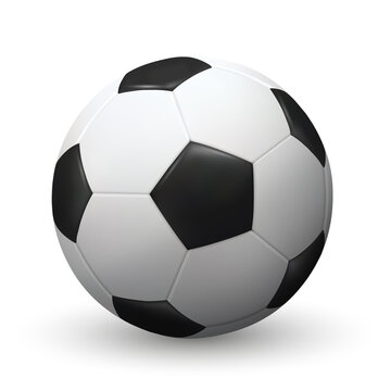 Realistic soccer ball or football ball with shadow isolated on white background. 3d equipment for sport or summer play outdoor. Shiny leather surface close-up. Vector illustration EPS10
