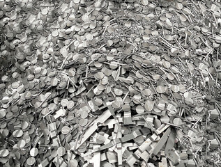 pile of steel scrap, scrap from cold stamping sheet metal cutting process, punching waste, material...
