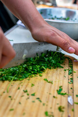 manos cortando vegetales sobre tabla de madera.

anos cortando cebolla, chile , jitomate, cilantro 