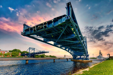 Open Kaiser-Wilhelm-Bridge over the Ems-Jade Kanal in Wilhelmshaven, Germany - obrazy, fototapety, plakaty