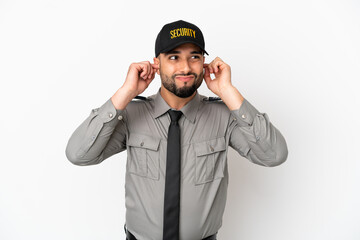 Young arab man isolated on white background frustrated and covering ears